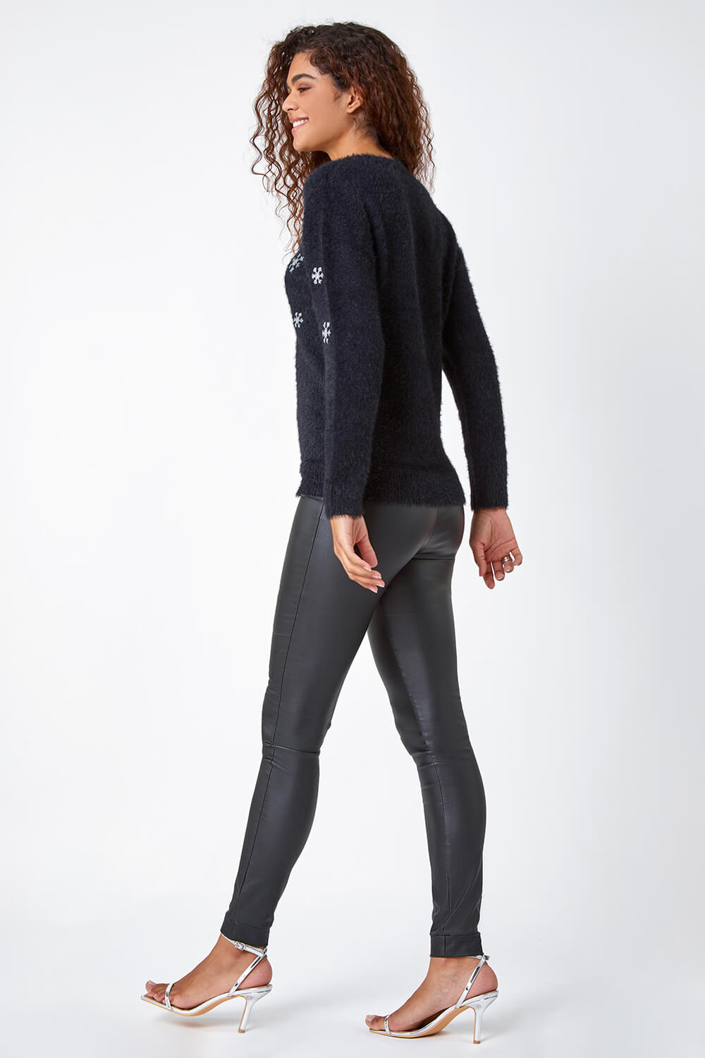 Black Snowflake Sequin Fluffy Stretch Jumper, Image 3 of 5