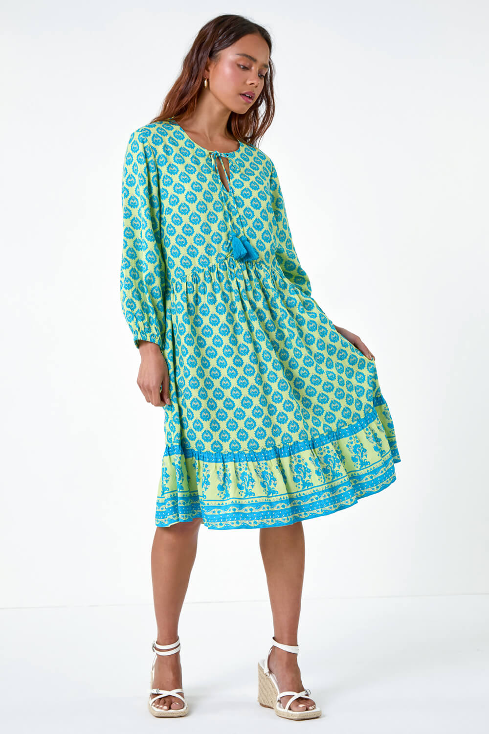 Turquoise Petite Border Print Tassel Smock Dress, Image 3 of 5
