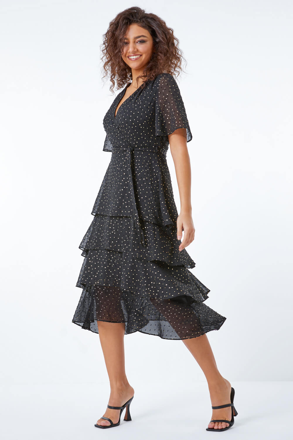 Black Petite Spot Print Tiered Frill Midi Dress, Image 3 of 5