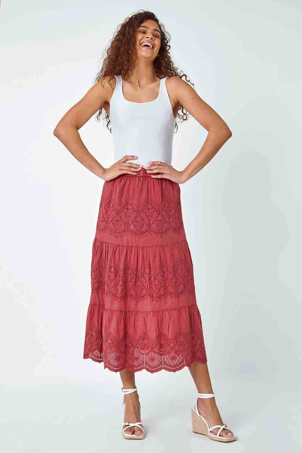 Rust Broderie Tiered Stretch Midi Skirt, Image 2 of 5