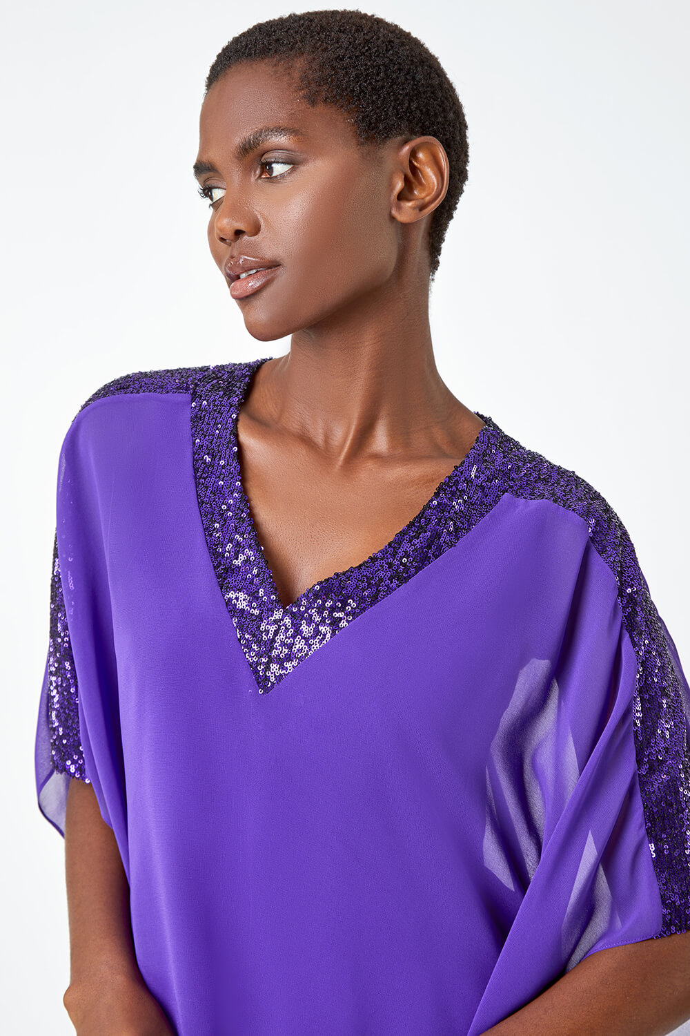 Purple Sequin Trim Overlay Stretch Top, Image 4 of 5