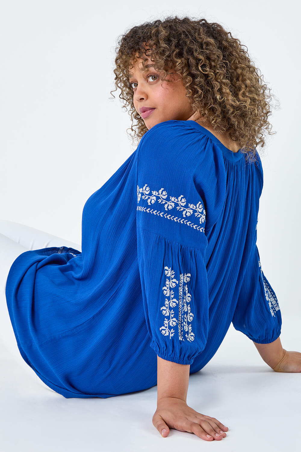 Royal Blue Curve Tie Neck Embroidered Smock Top, Image 5 of 5