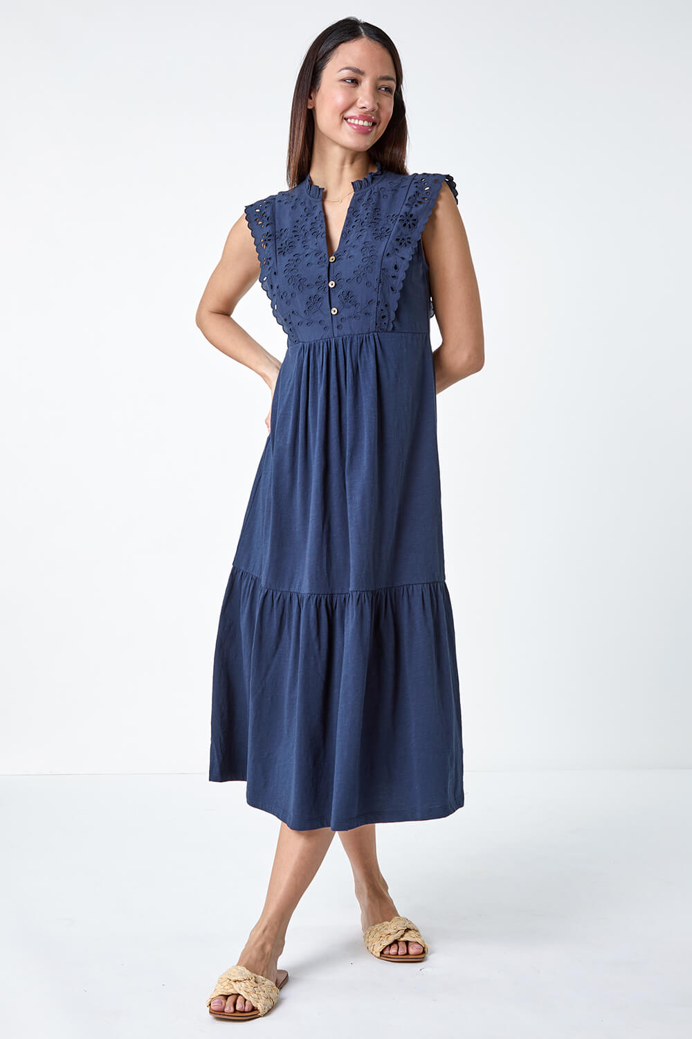 Navy  Broderie Frilled Cotton Midi Dress, Image 4 of 5