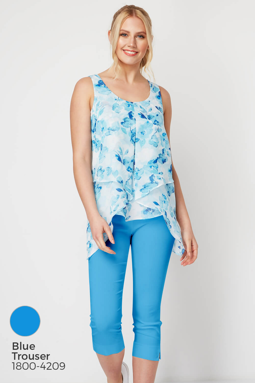 Blue Floral Print Asymmetric Chiffon Vest Top, Image 6 of 8