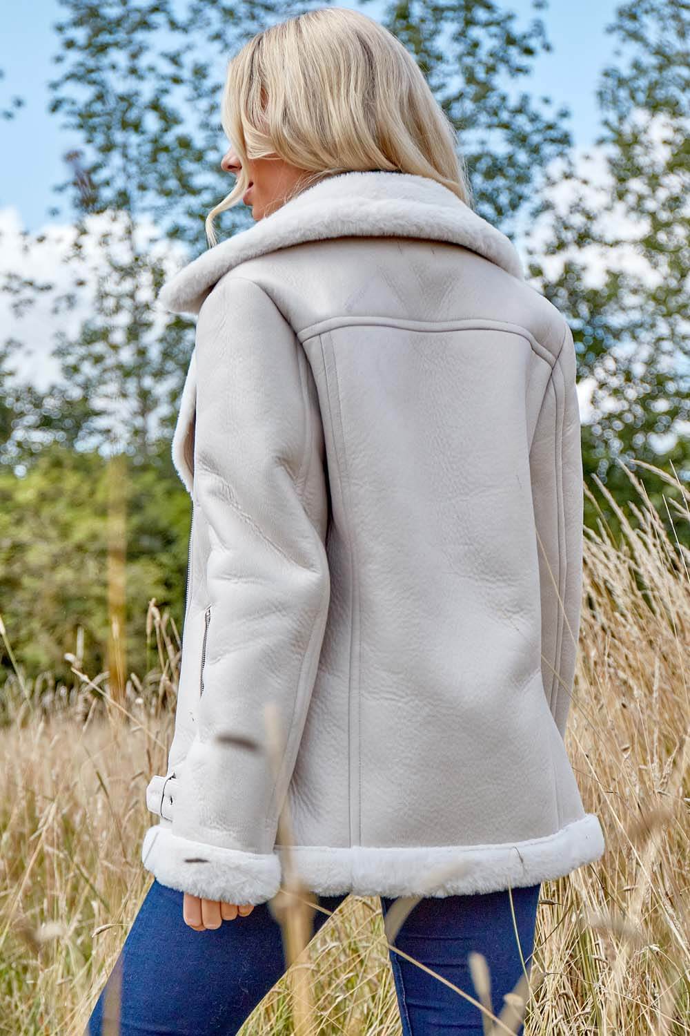 Ivory  Faux Fur Lined Zip Detail Aviator Jacket, Image 3 of 4