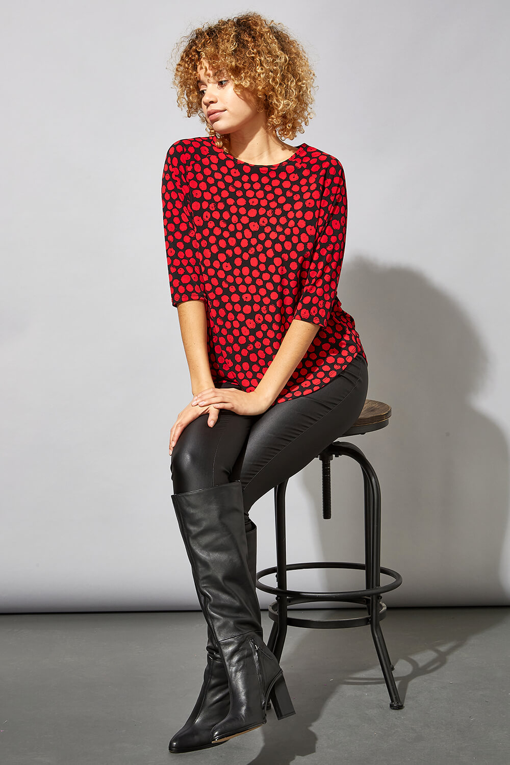 Red Spot Print Round Neck Tunic Top, Image 3 of 5