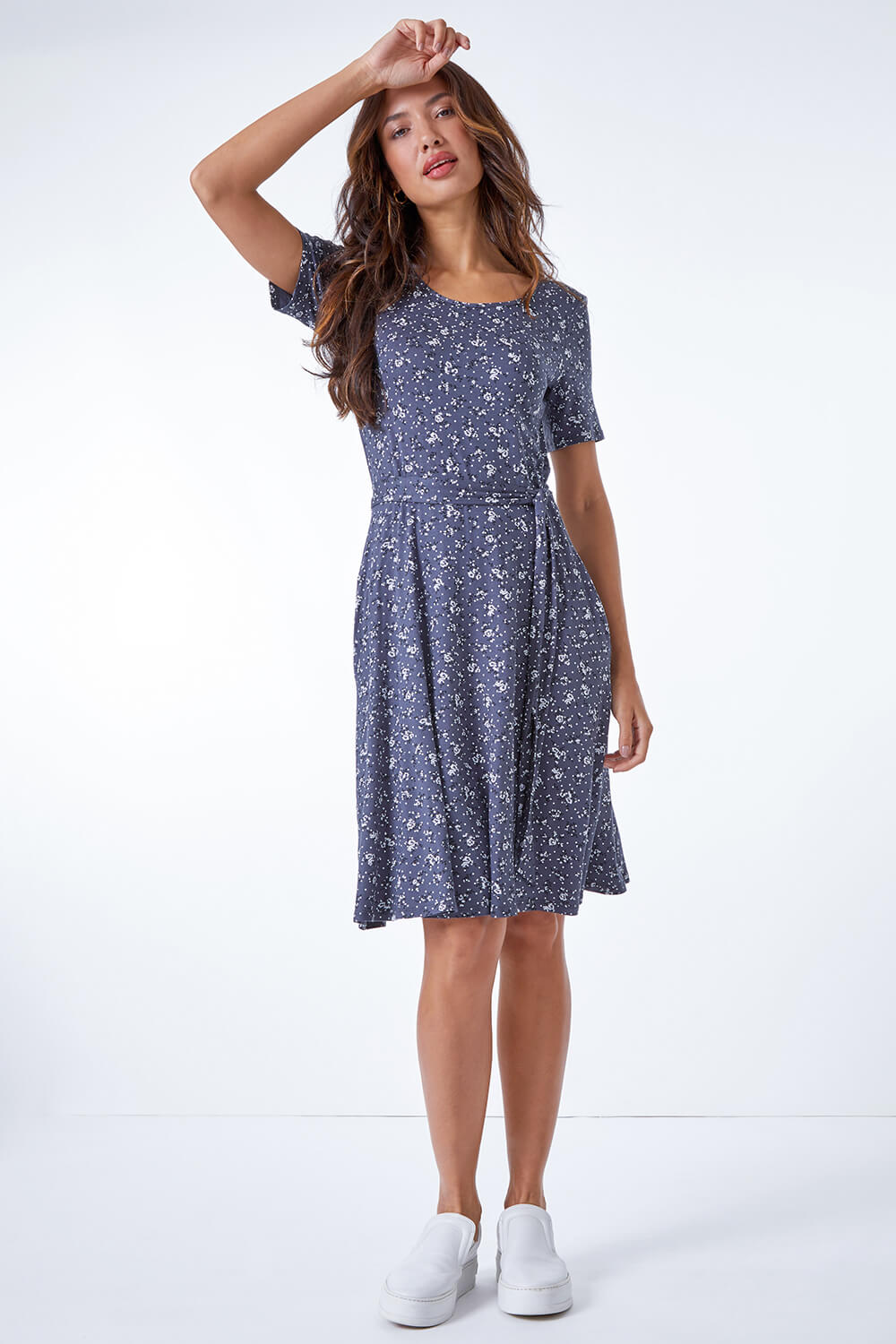 Dark Grey Ditsy Floral Fit & Flare Dress, Image 2 of 5