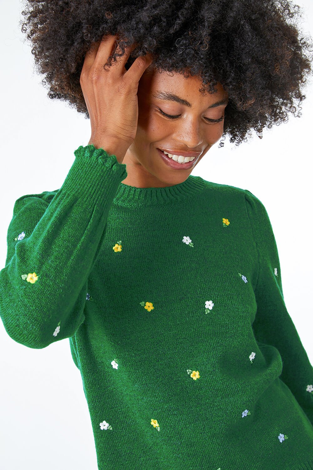 Green Floral Embroidered Scallop Hem Jumper, Image 5 of 5