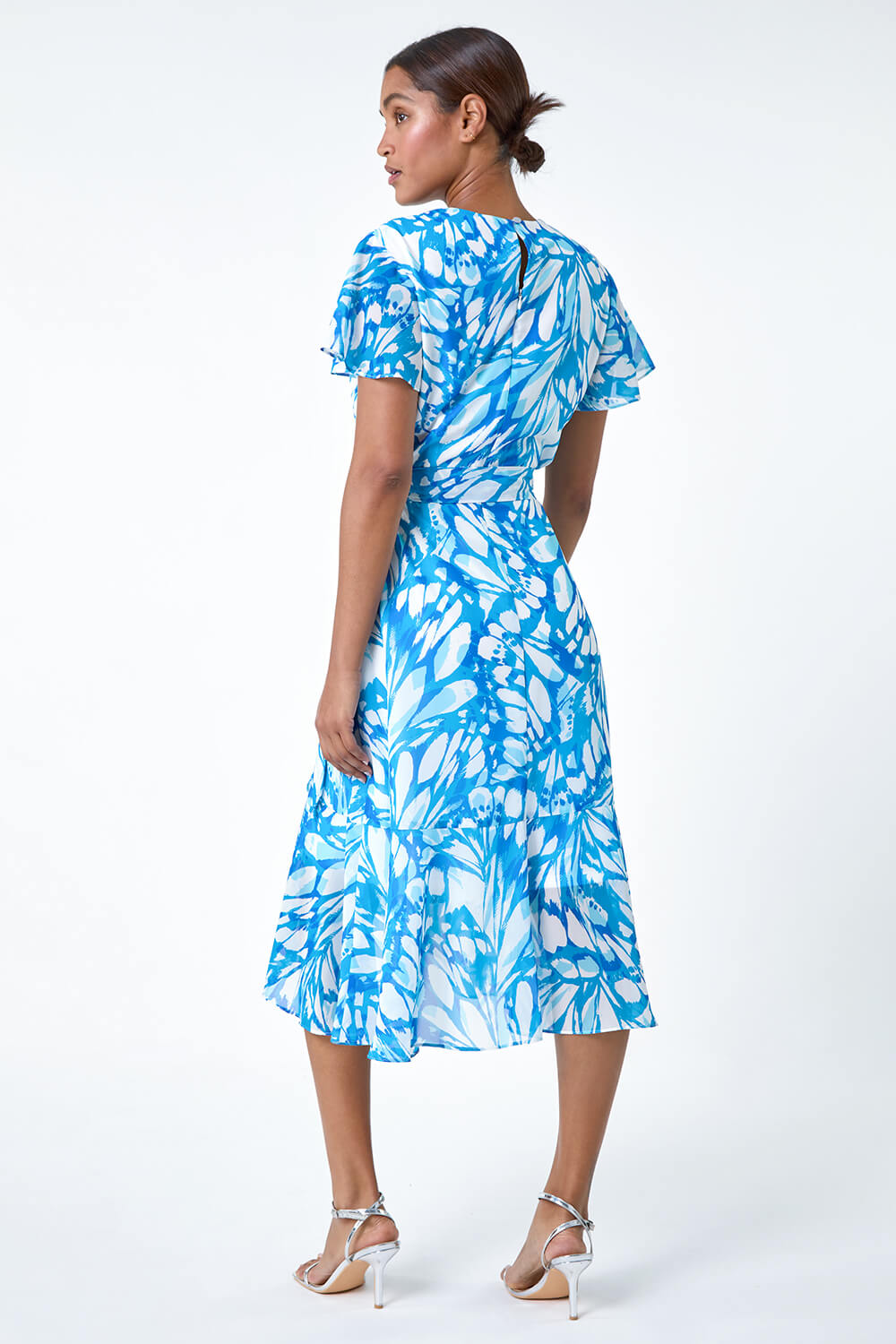 Blue Butterfly Print Chiffon Wrap Dress, Image 3 of 5