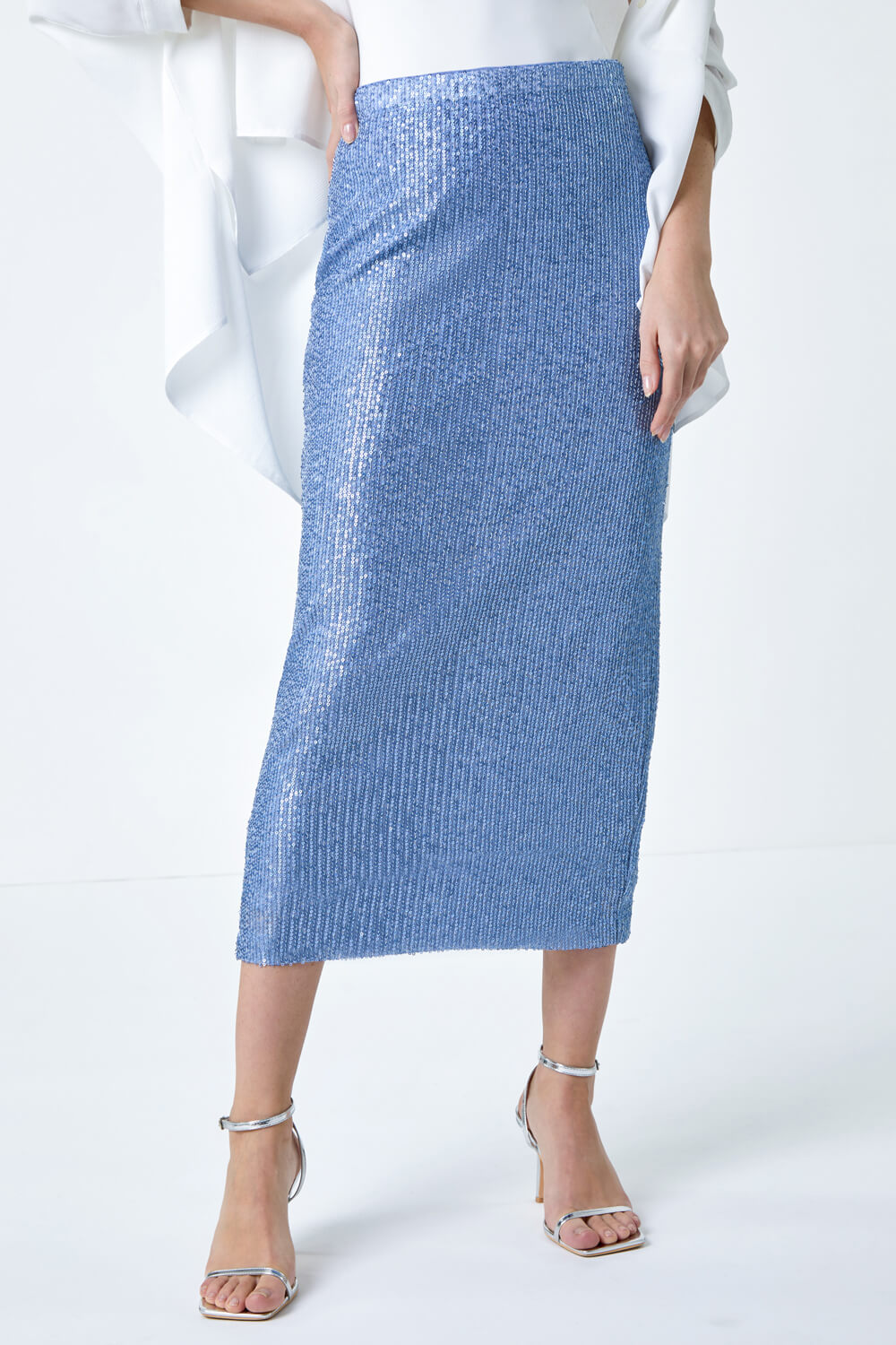 Steel Blue Sequin Sparkle Stretch Midi Skirt, Image 4 of 5