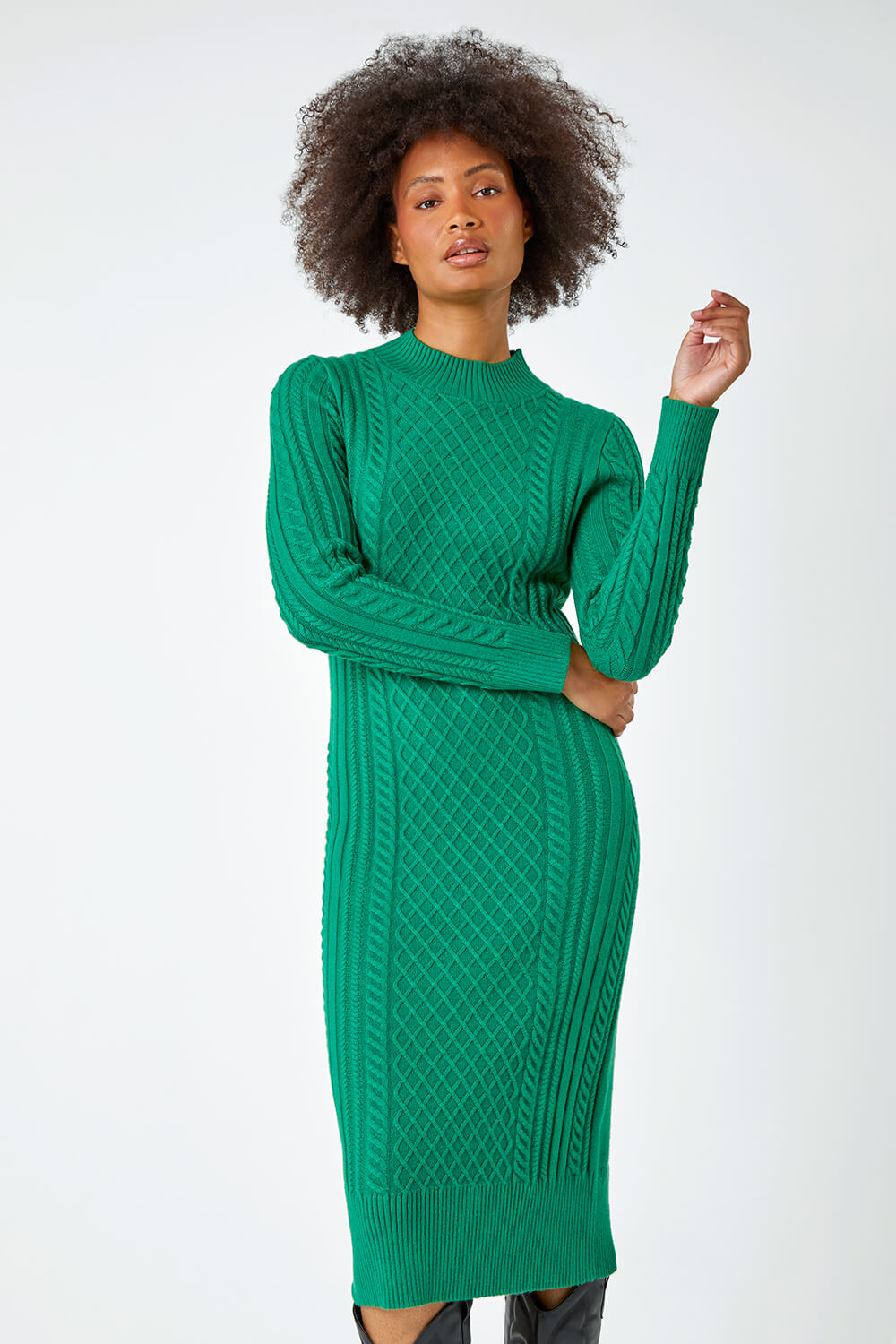 Green Cable Knit Midi Jumper Dress, Image 4 of 7