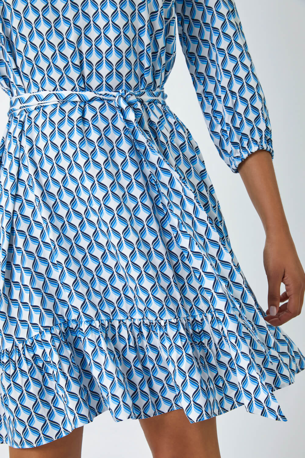 Blue Geometric Print Frill Hem Dress, Image 5 of 5