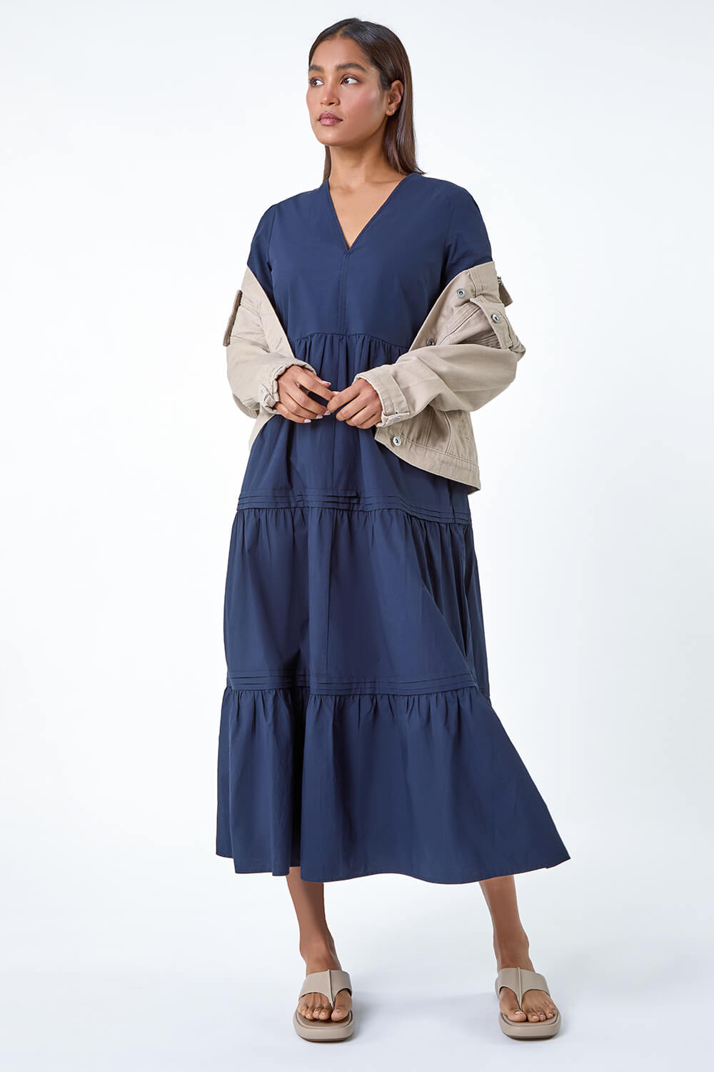 Plain Cotton Tiered Maxi Dress