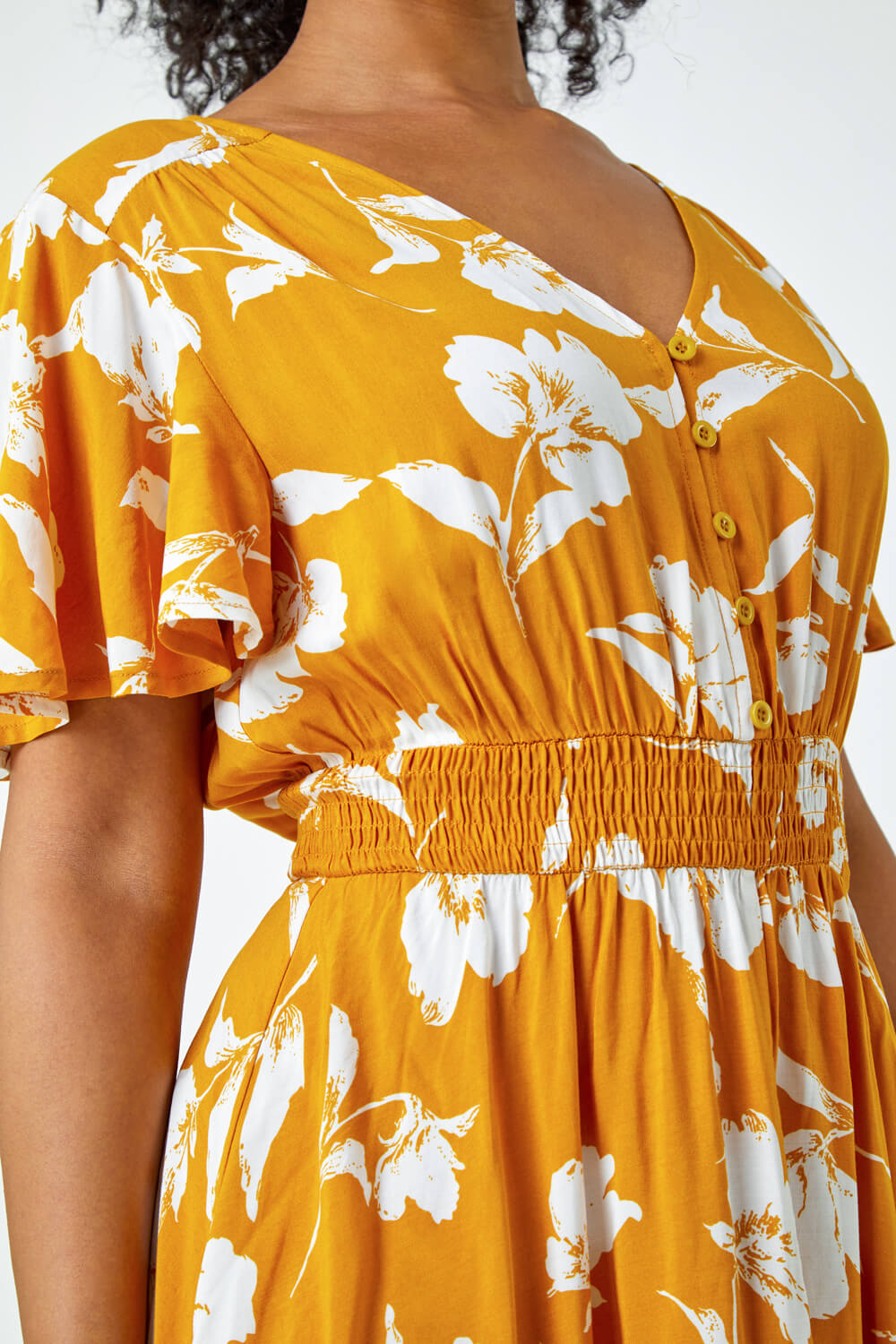Yellow Petite Floral Print Shirred Midi Dress, Image 5 of 5