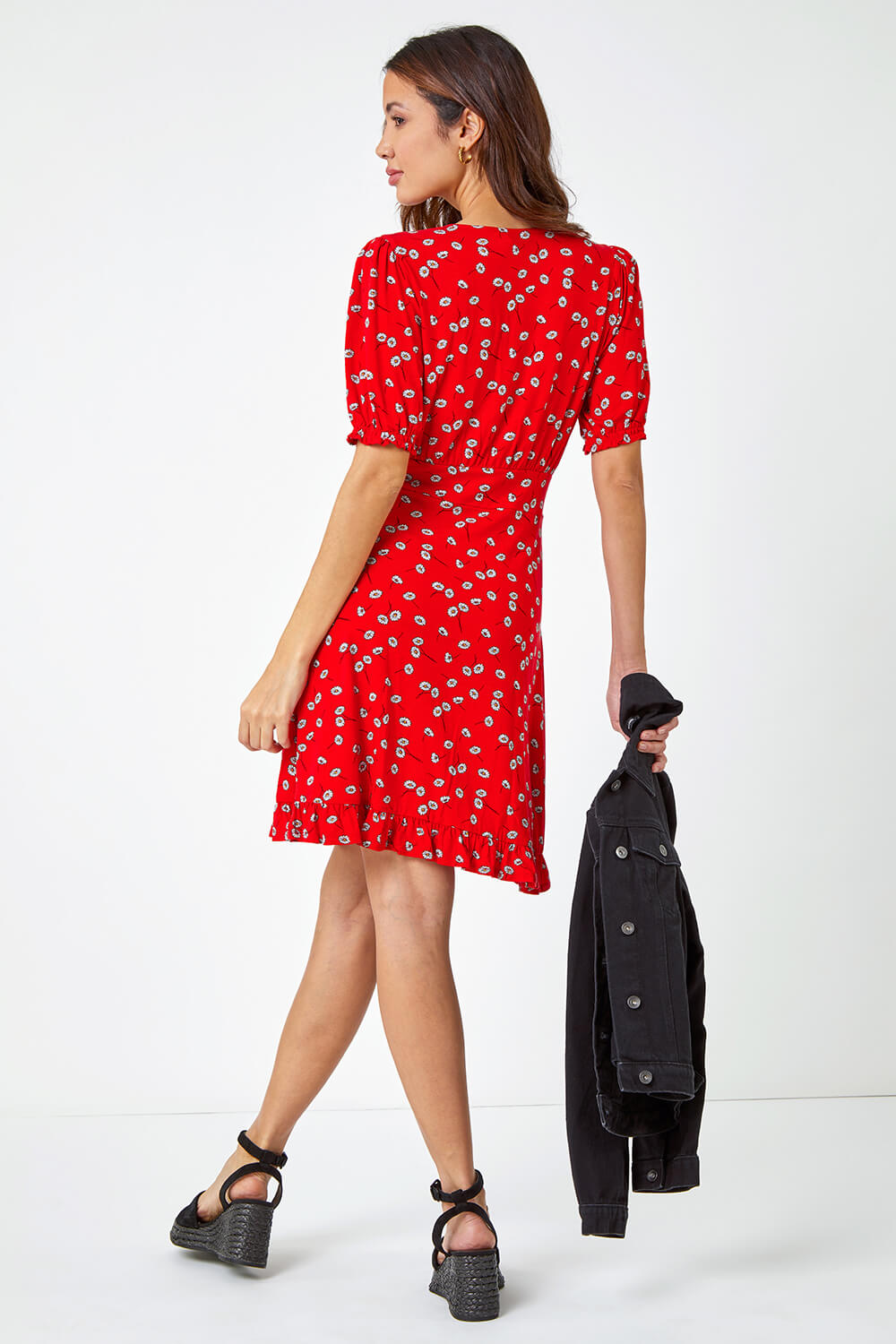 Red Floral Print Frill Tea Dress, Image 3 of 5