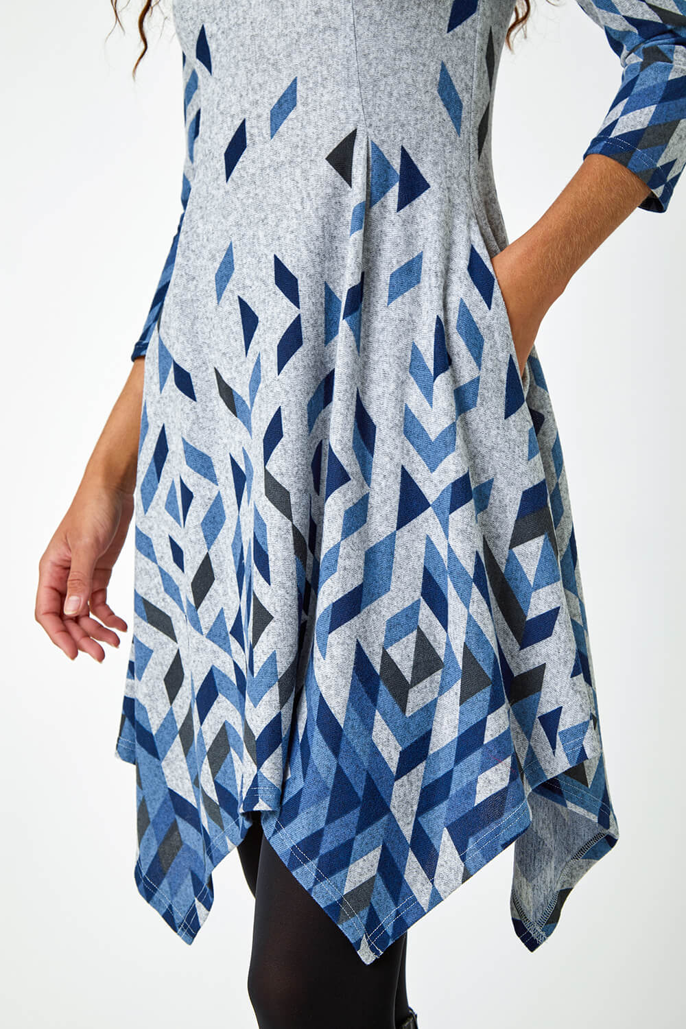 Blue Geometric Print Panelled Stretch Dress, Image 5 of 5
