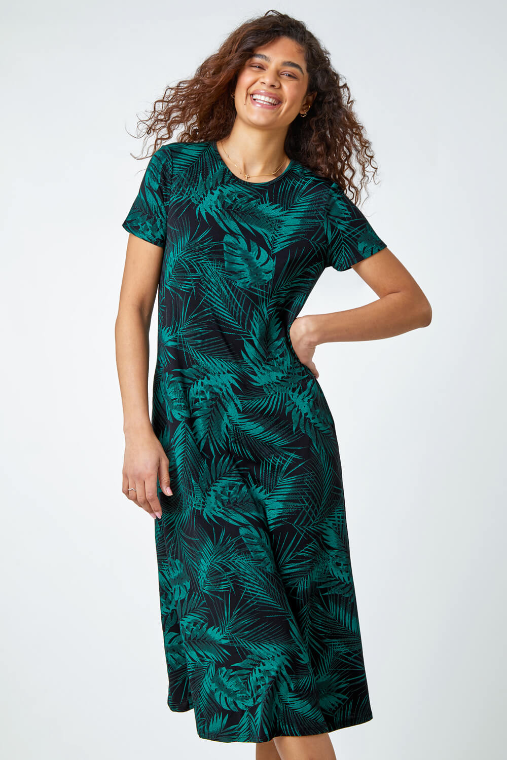 Leaf Print Stretch Midi Dress