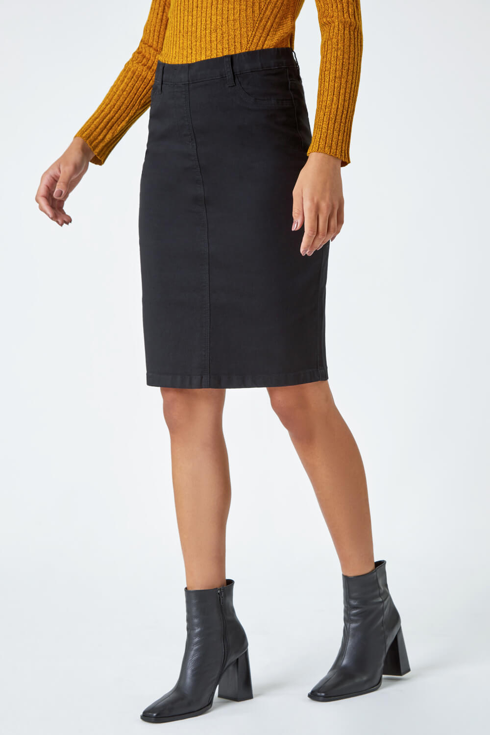 Black Cotton Denim Stretch Skirt, Image 4 of 5