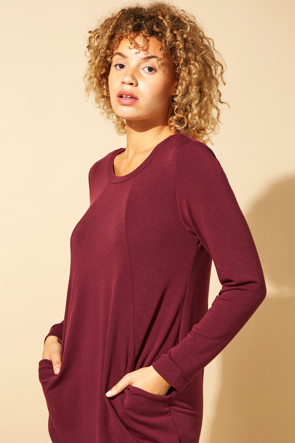 Wine Front Pocket Long Sleeve Cocoon Dress, Image 4 of 5
