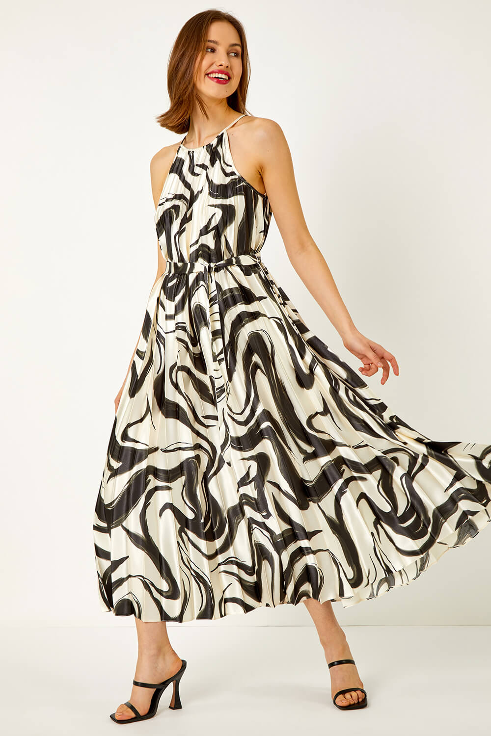 Ivory  Sleeveless Swirl Print Pleated Midi Dress, Image 2 of 6