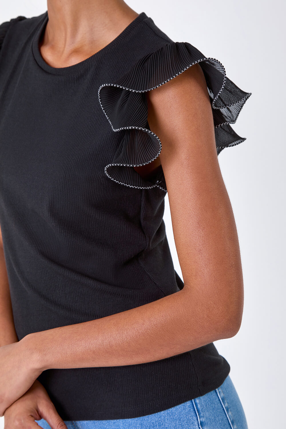 Black Ribbed Stretch Frill Detail Top, Image 5 of 7