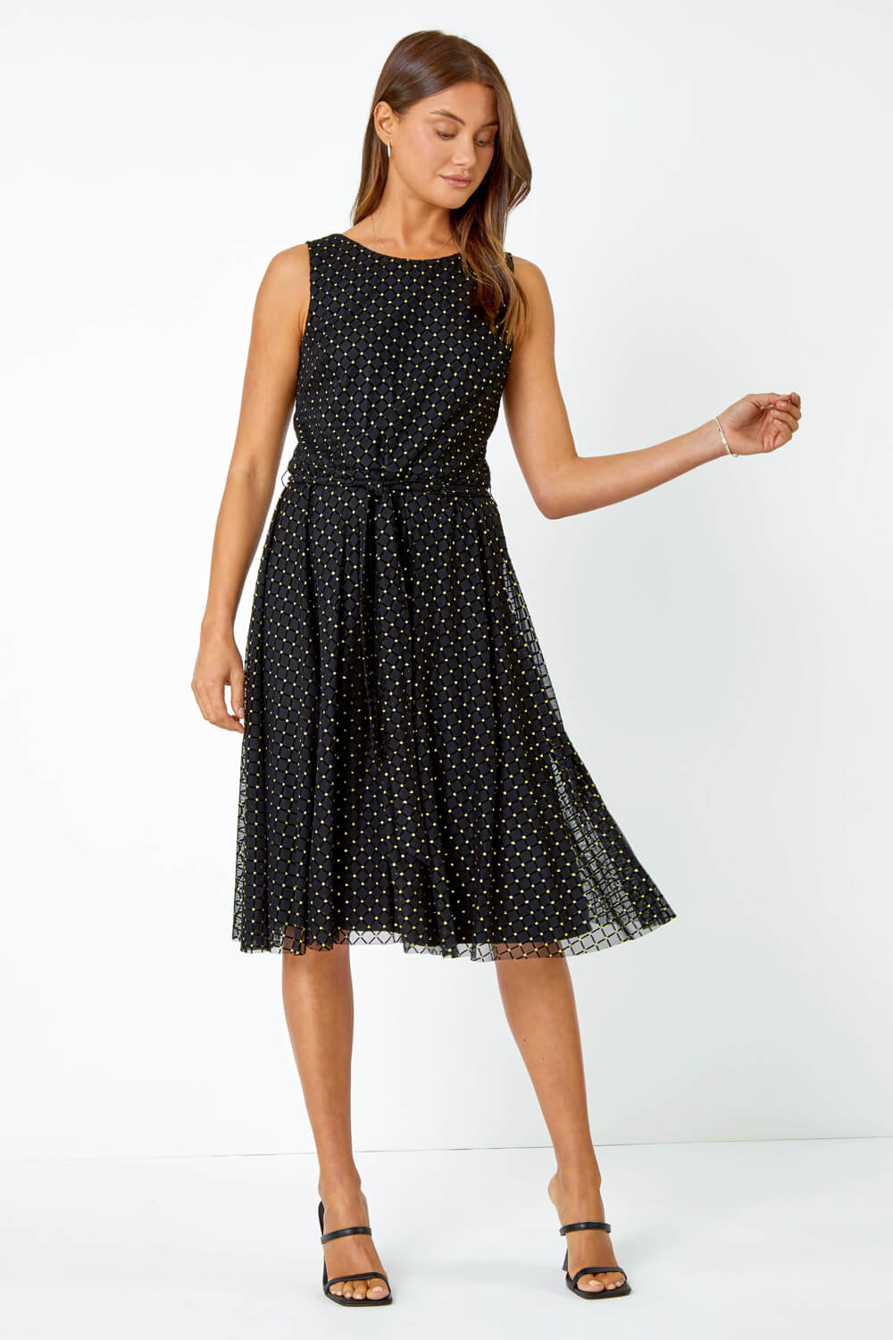 Black Glitter Spot Print Mesh Stretch Dress, Image 3 of 5