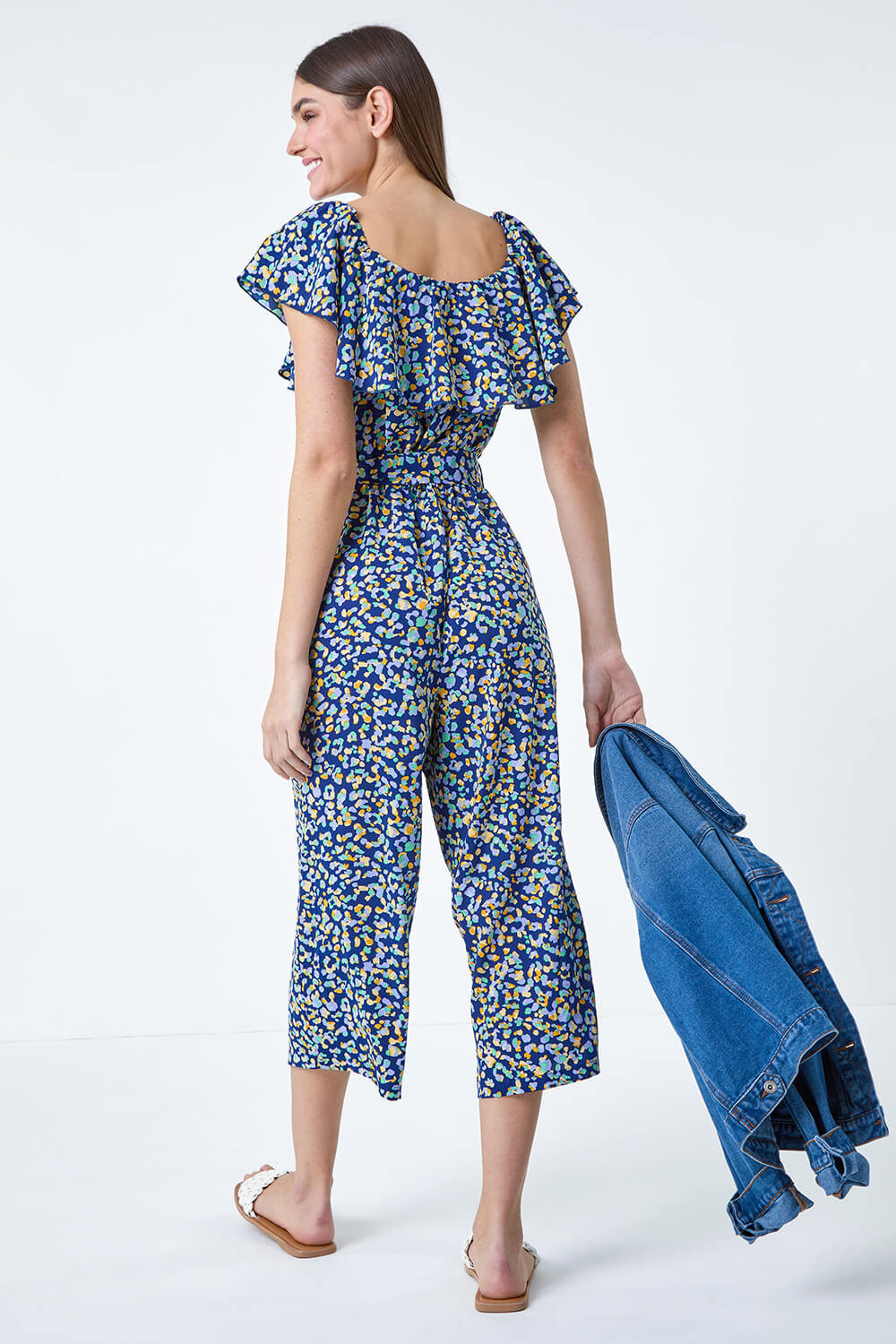 Navy  Animal Print Belted Jumpsuit, Image 3 of 5