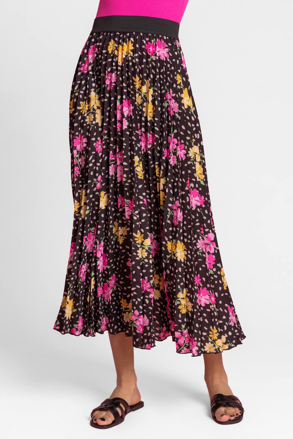 Black Floral Spot Print Pleated Maxi Skirt, Image 2 of 4