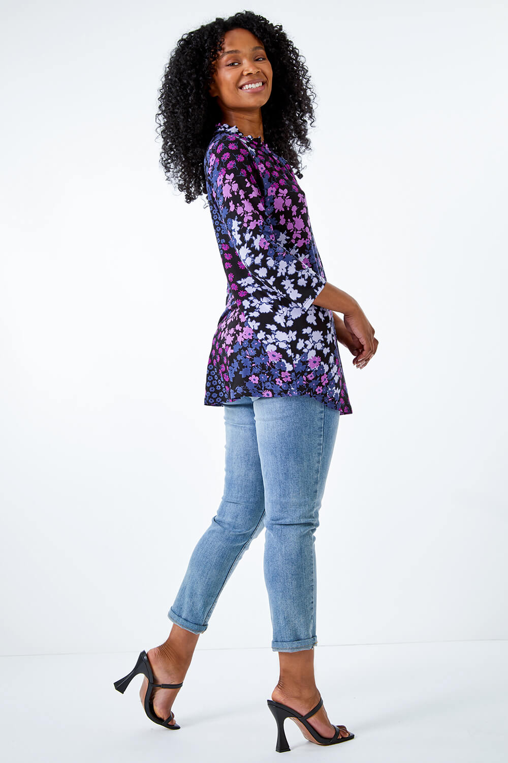 Lilac Petite Floral Print Frill Neck Top, Image 3 of 5