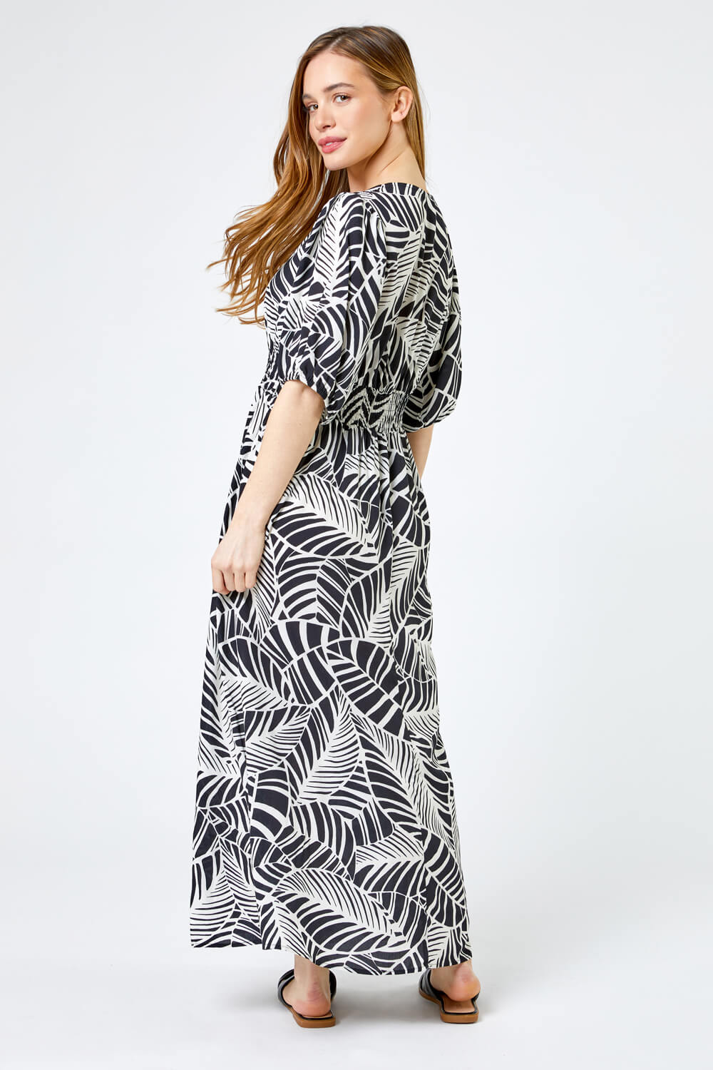 Black Petite Tropical Print Shirred Maxi Dress , Image 2 of 4