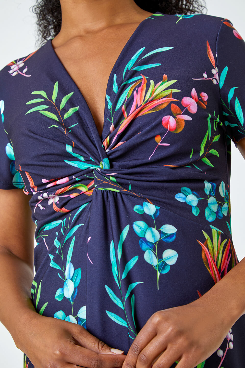 Navy  Petite Floral Twist Detail Stretch Dress, Image 5 of 5