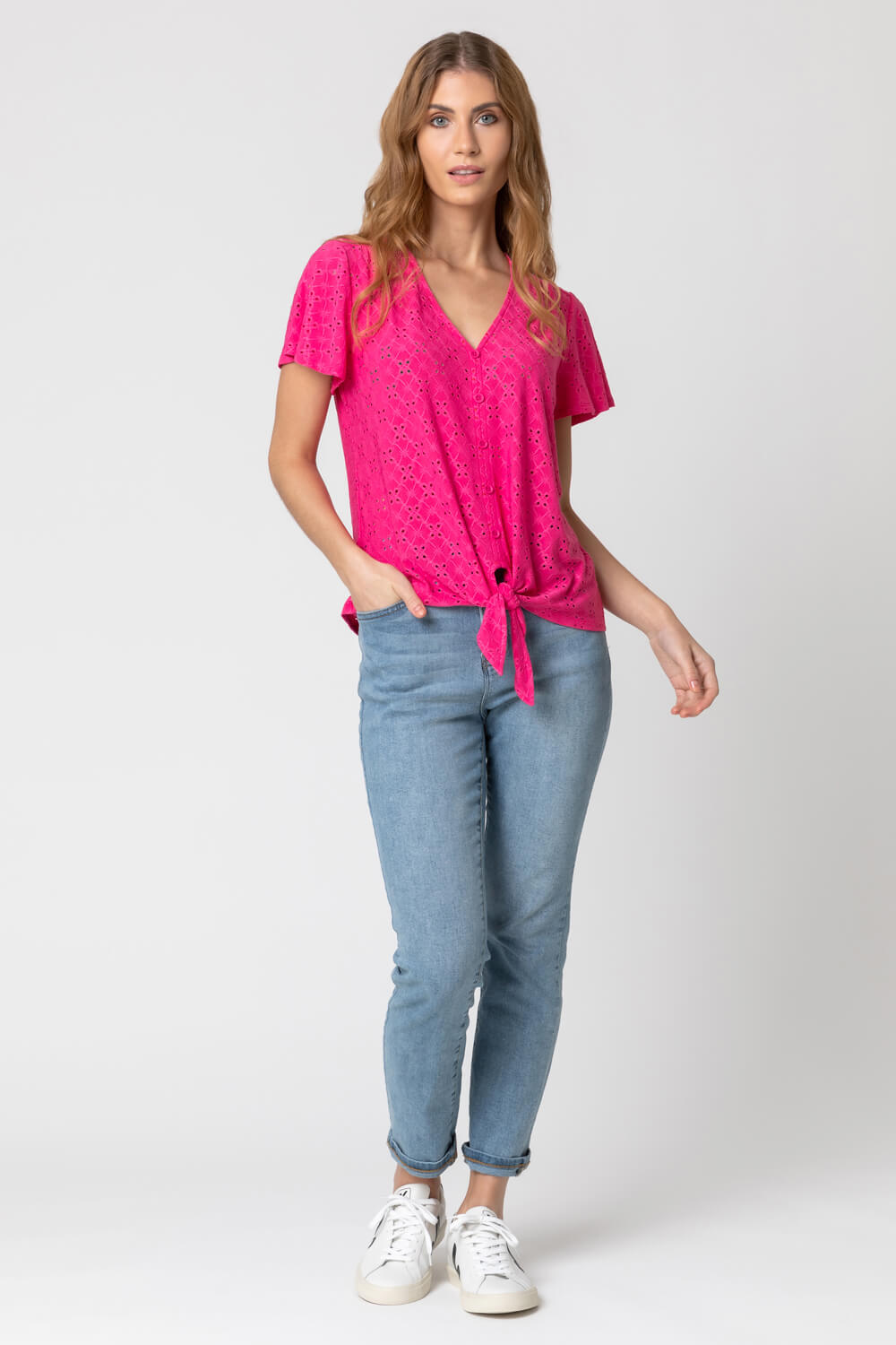 Fuchsia Broderie Stretch Jersey Tie Front Top, Image 3 of 4