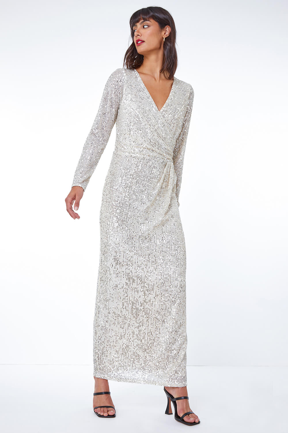 Silver Sequin Wrap Stretch Maxi Dress, Image 3 of 5