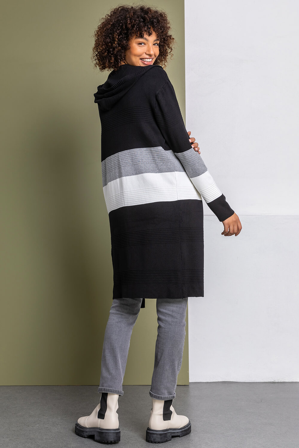 Multi  Longline Hooded Stripe Cardigan, Image 2 of 5