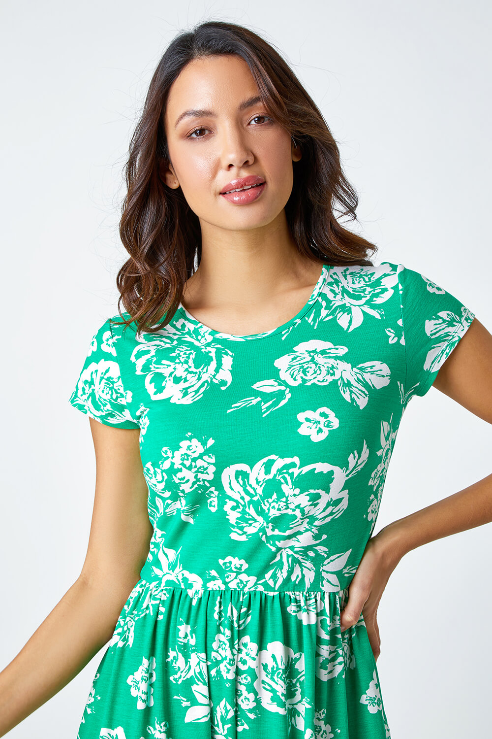Green Floral Print Midi Stretch Dress, Image 4 of 5