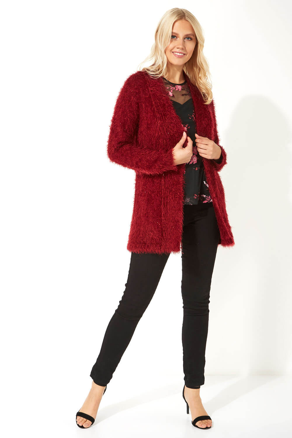 Bordeaux Fluffy Sequin Cardigan, Image 2 of 5