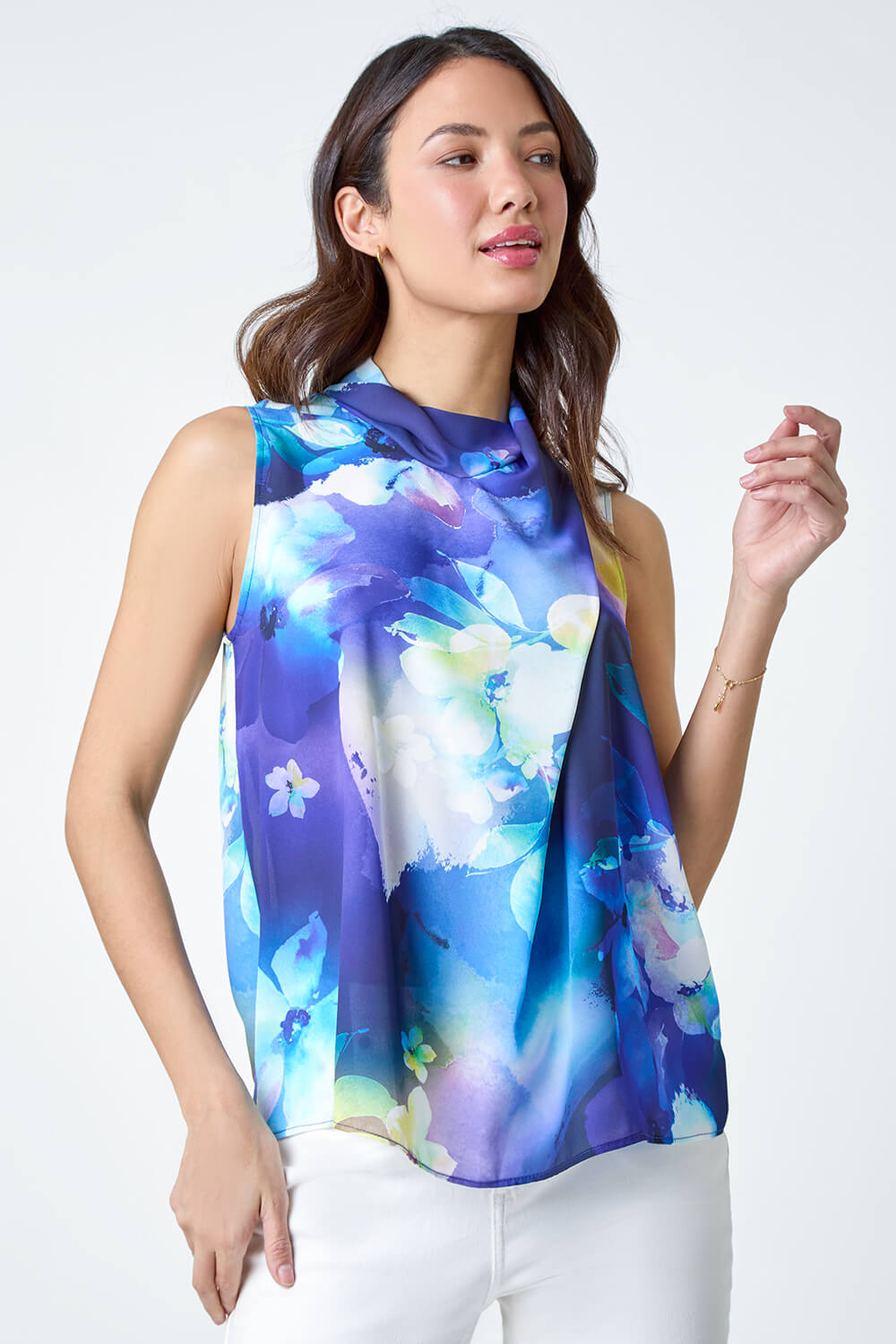 Navy  Floral Print High Neck Top, Image 4 of 5