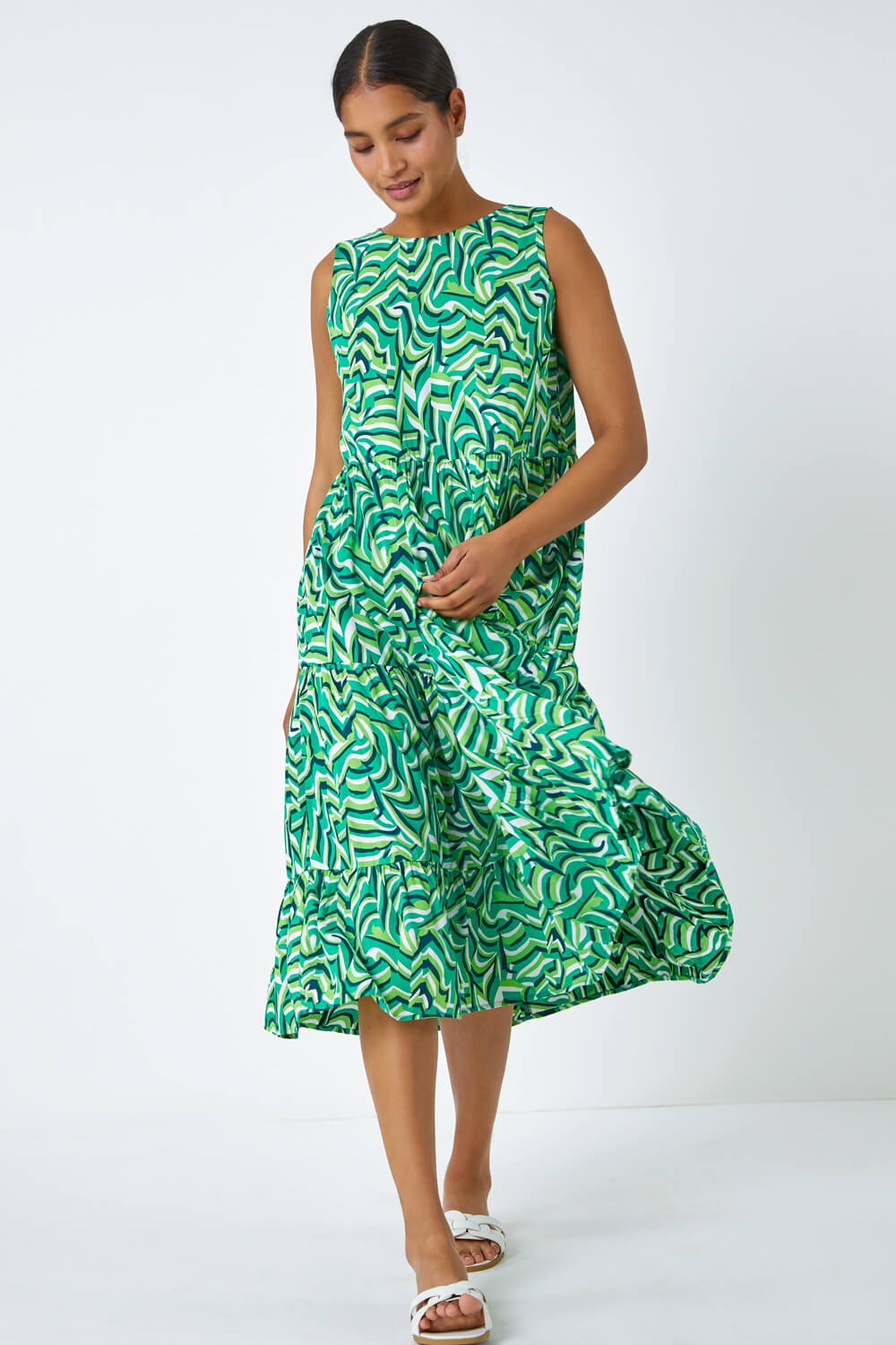 Green Geometric Sleeveless Smock Dress, Image 3 of 5