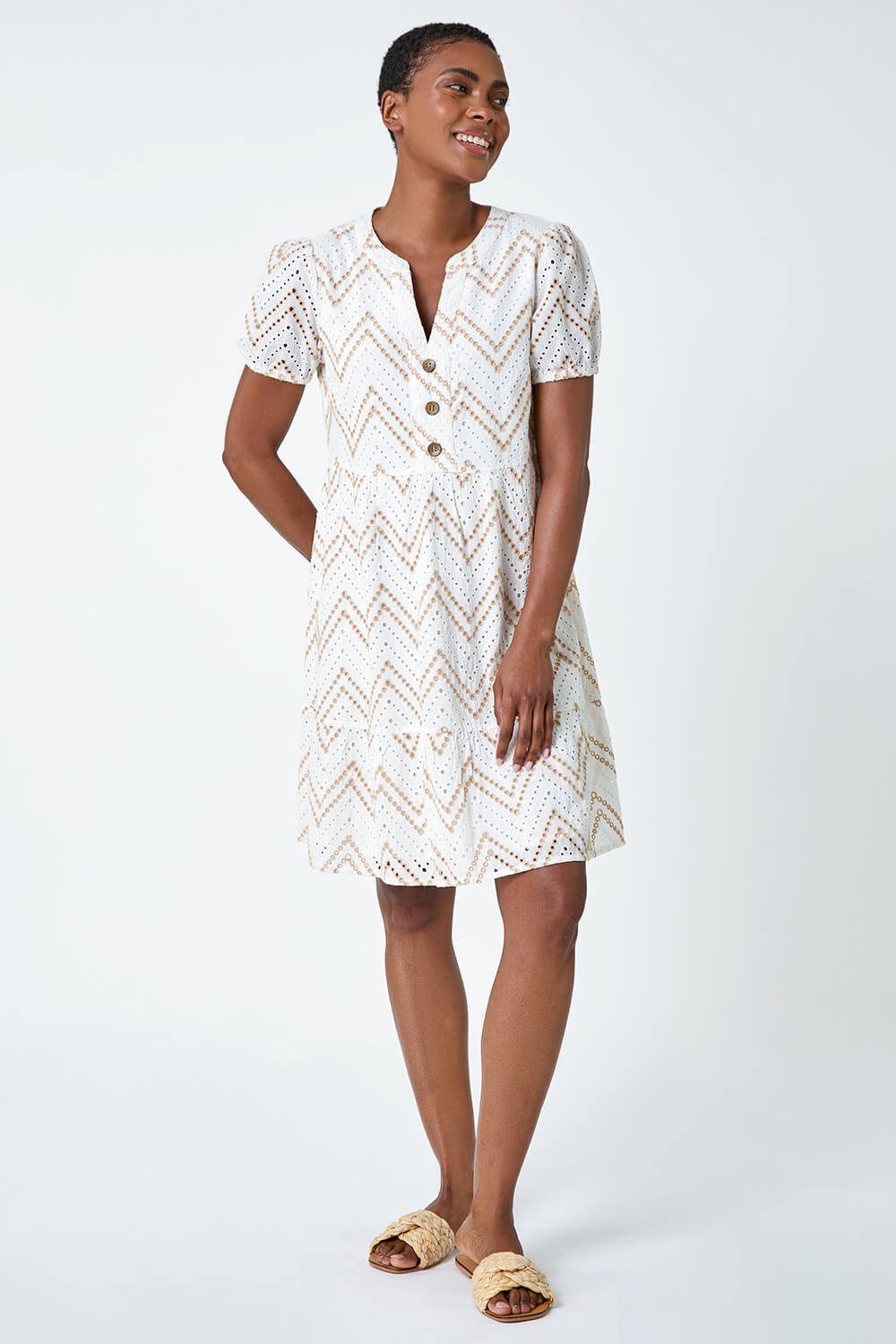 Cream  Zig-Zag Embroidered Cotton Tunic Dress, Image 2 of 5