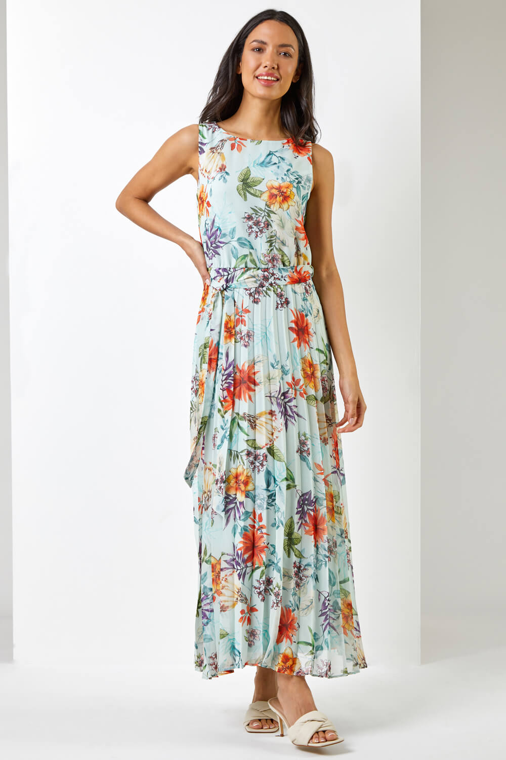 Floral Print Pleated Maxi Dress in Sage - Roman Originals UK