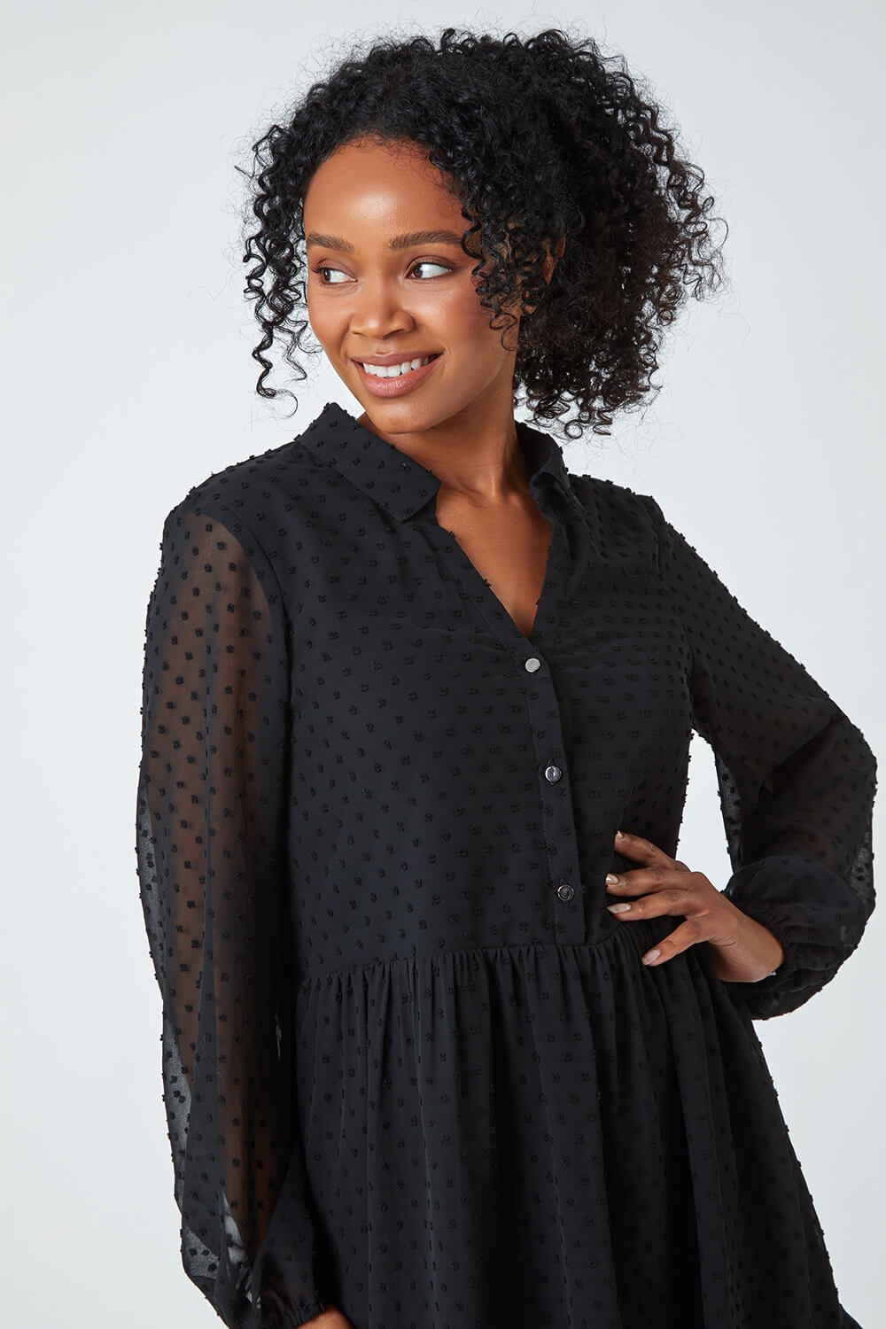 Black Petite Textured Tiered Spot Dress, Image 4 of 5
