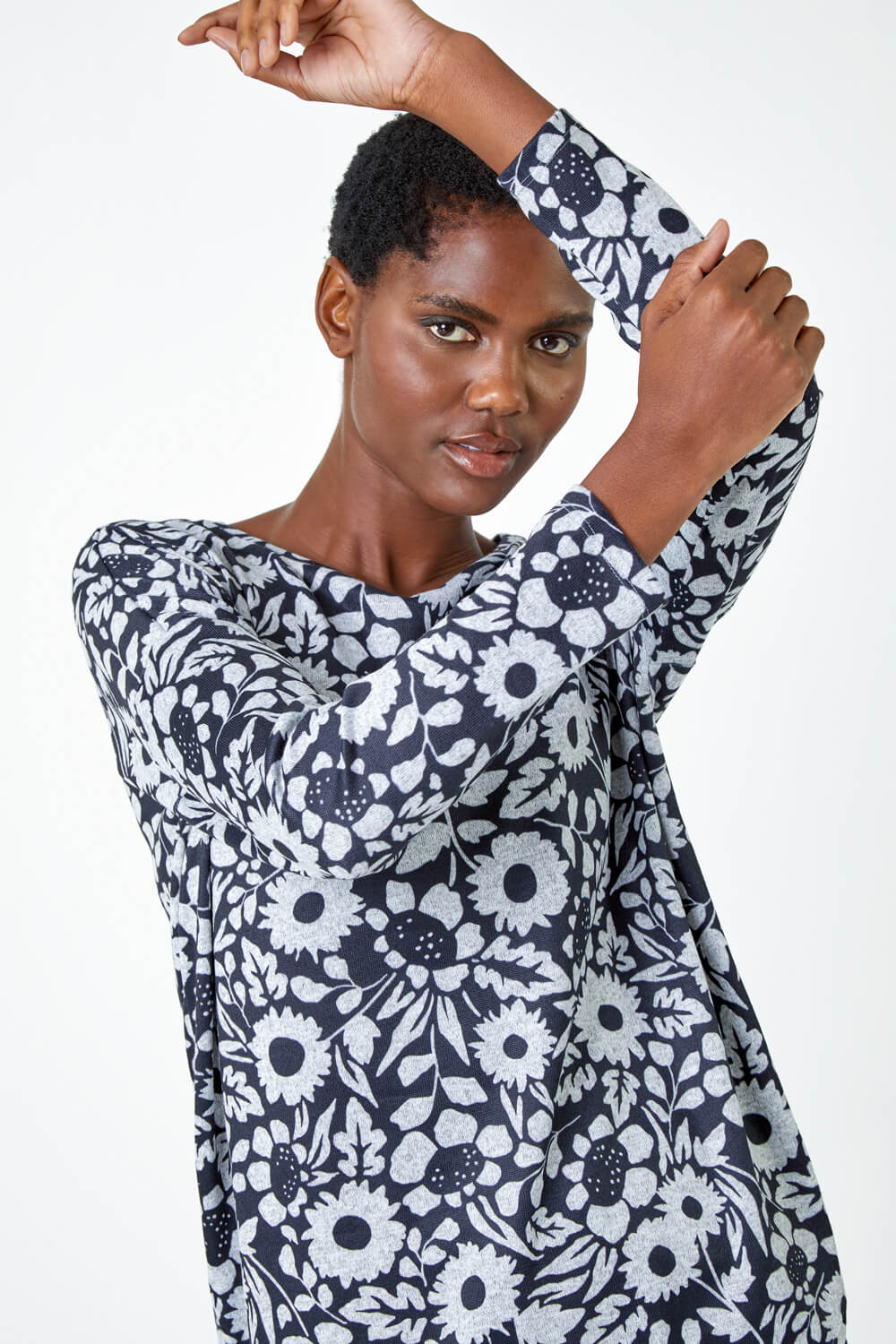 Grey Floral Print Stretch Top, Image 4 of 5
