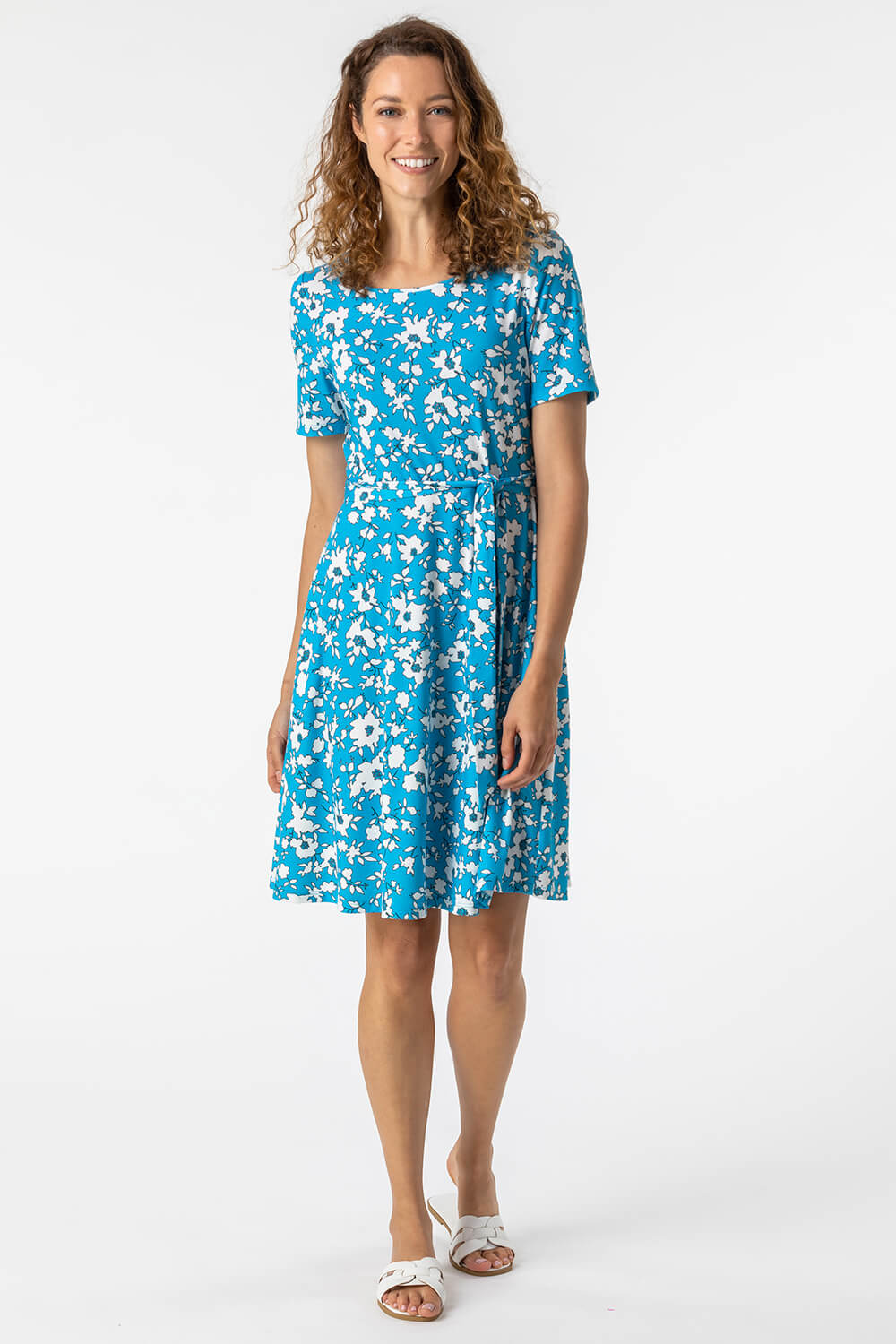 Blue Floral Print Belted Skater Dress , Image 4 of 5