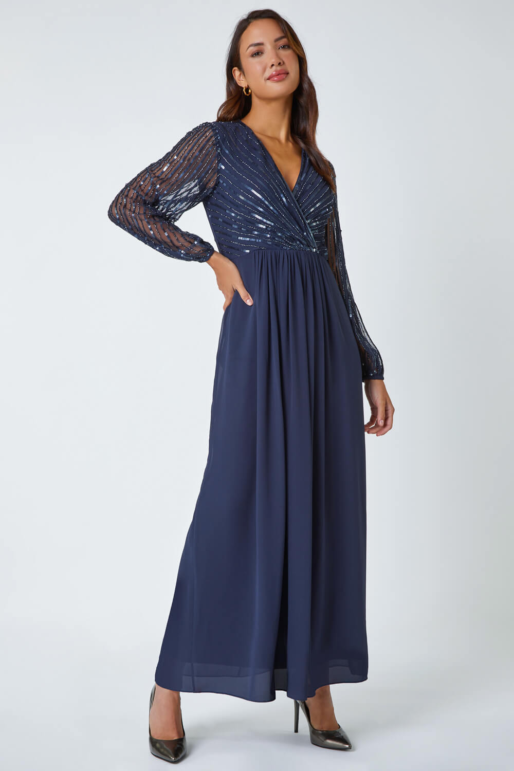 Midnight Blue Sparkle Bead Embellished Maxi Dress Roman Uk