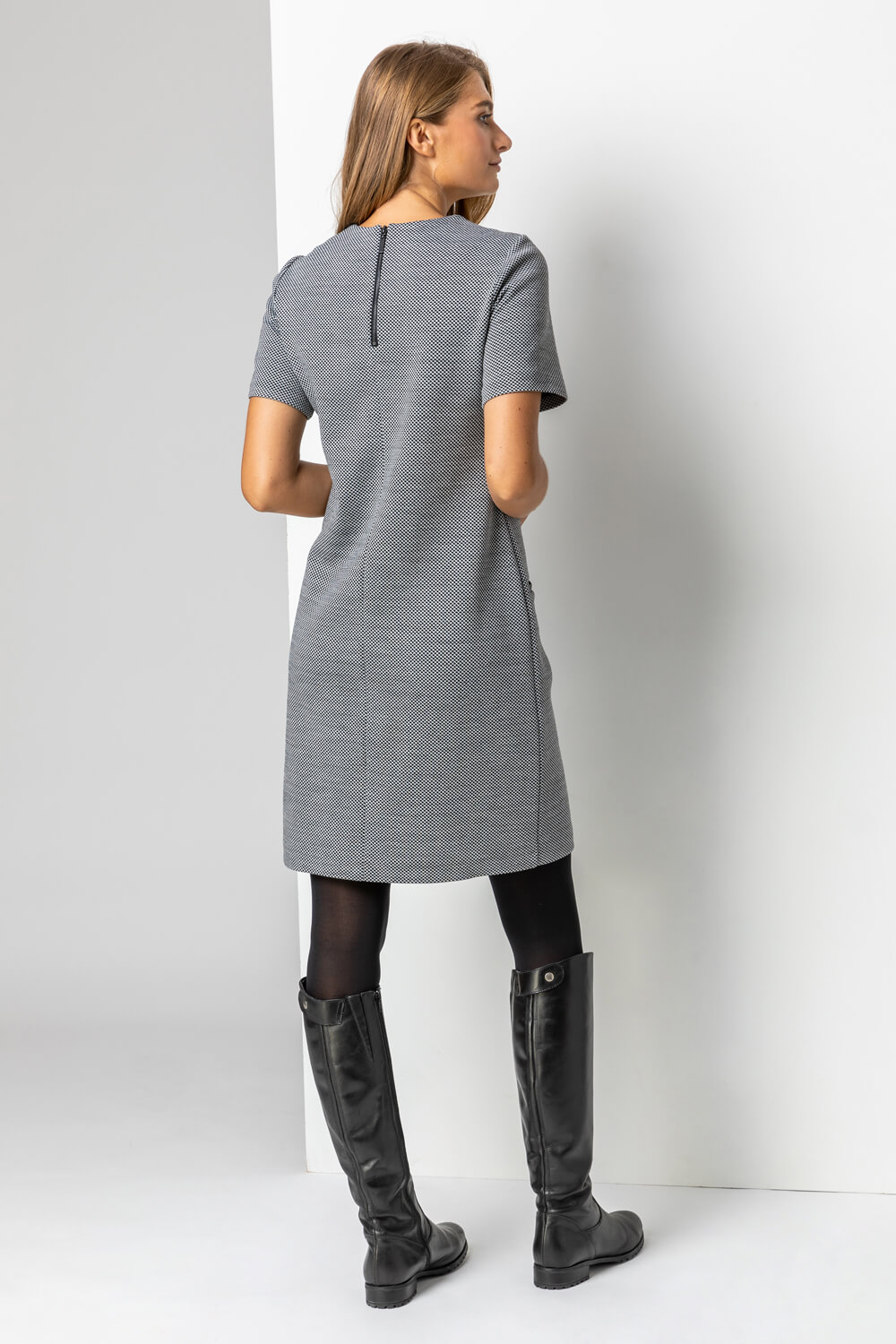 Black Jacquard Pocket Trim Shift Dress, Image 2 of 4