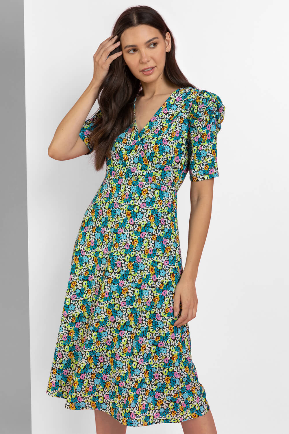 Blue Floral Print Puff Sleeve Wrap Dress, Image 5 of 5
