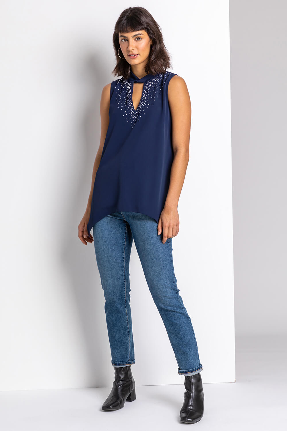 Navy  Sparkle High Neck Keyhole Top, Image 2 of 4