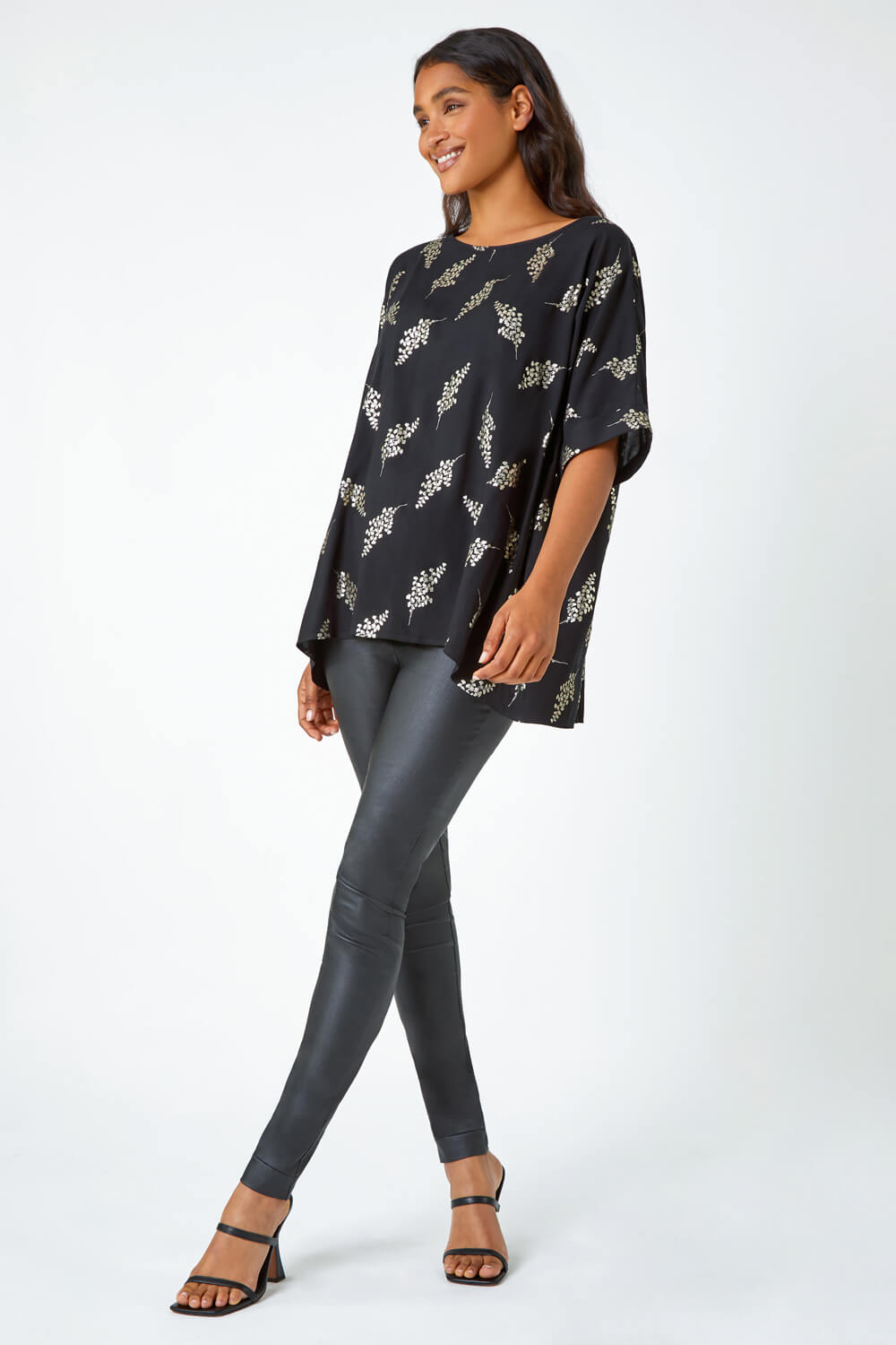 Black Metallic Floral Print Oversized T-Shirt | Roman UK