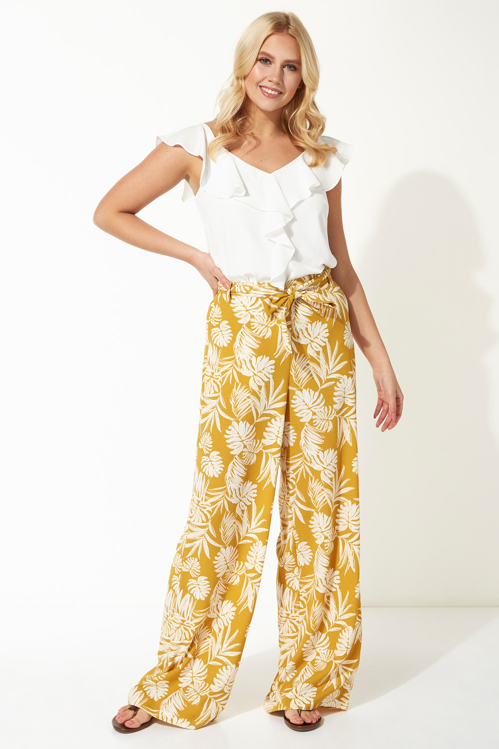 Yellow Palm Print Wide Leg Trousers , Image 3 of 5