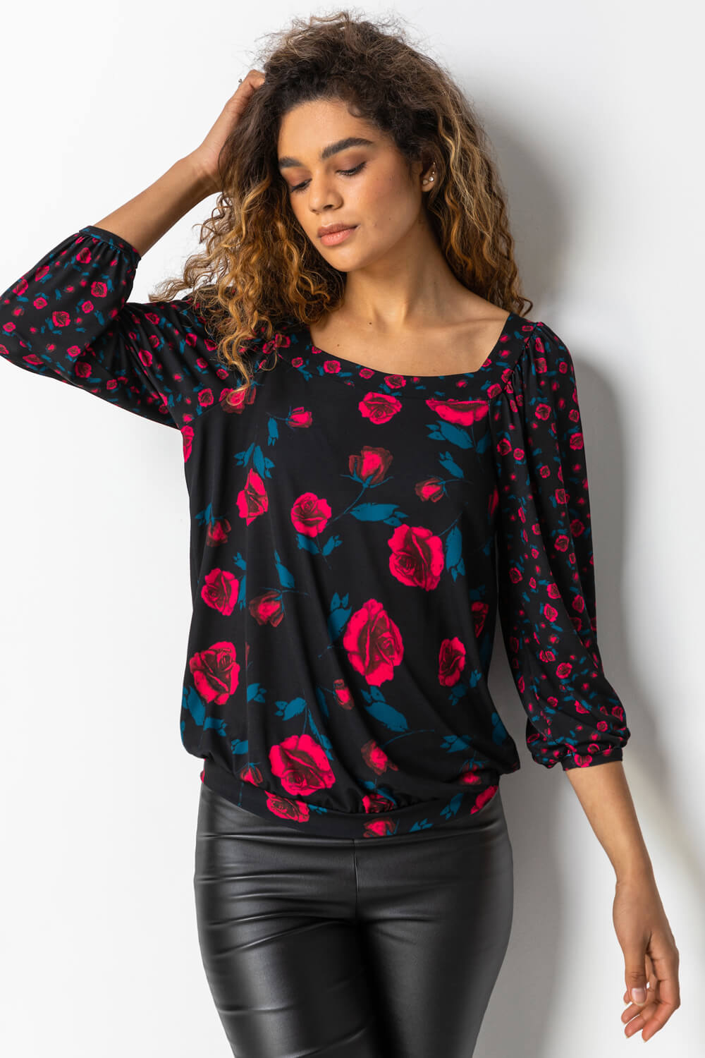 PINK Contrast Floral Print Square Neck Top, Image 4 of 5